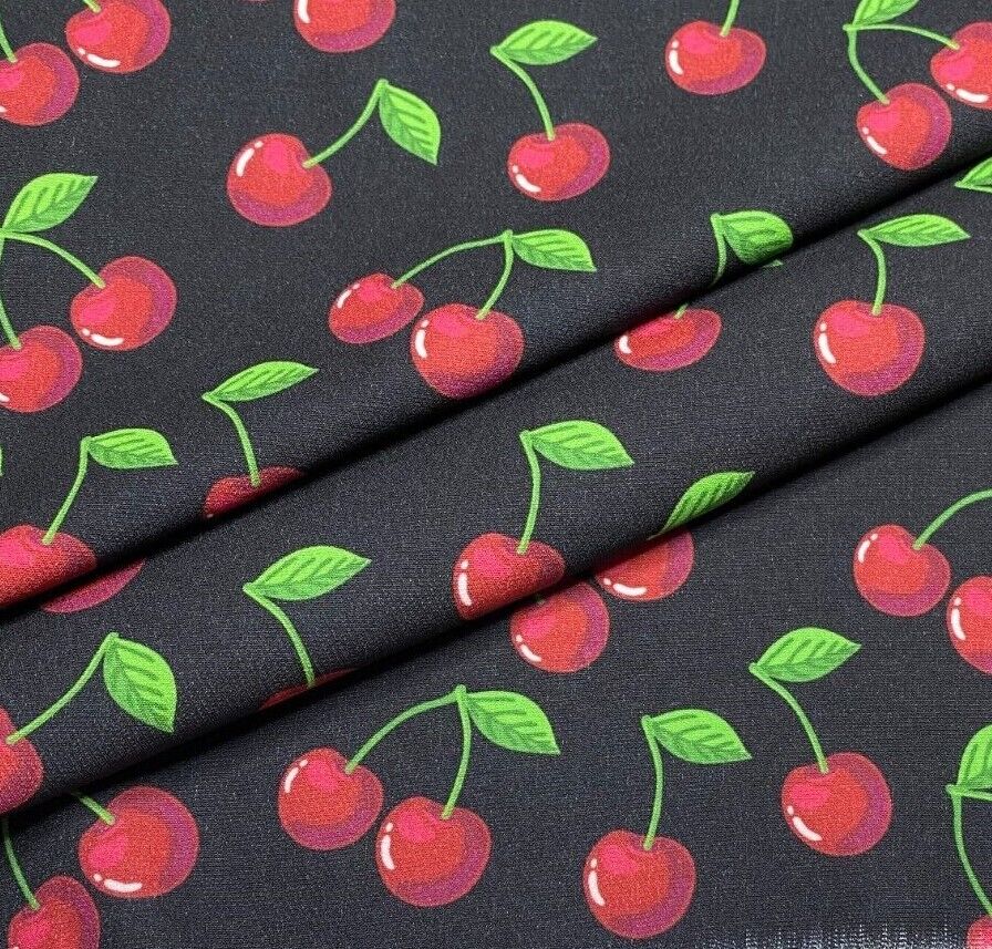 Woven Dressmaking Fabric Cherry Printed Black Colour 4 Way Stretch 55" Wide