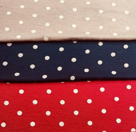 Viscose Jersey Fabric Ivory Spotted Printed Navy Red And Beige Colours 55" Wide