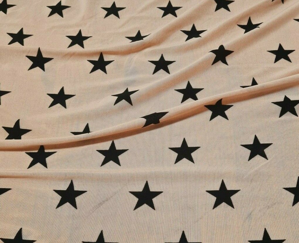 STRETCH TULLE FABRIC BLACK FLOCKED STAR PRINTED PEACH COLOUR NET-SOLD BY METRE