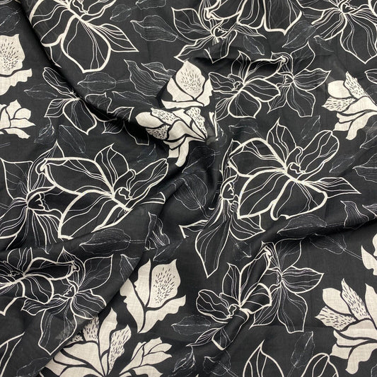Cotton Voile Fabric Floral Printed Black and White 55" Wide Sold by the Metre