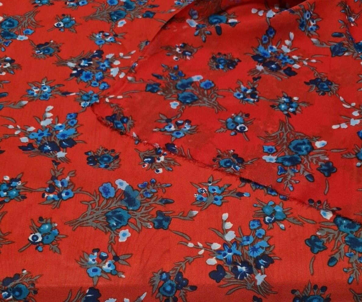 CHIFFON FABRIC BLUE FLORAL PRINTED RED COLOUR-SOLD BY THE METRE