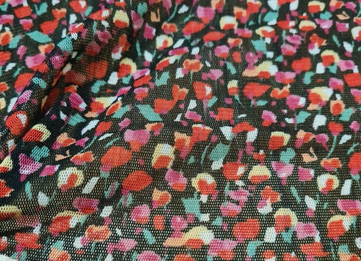 FABRIC FLORAL PRINTED STRETCH NET TULLE - SOLD BY THE METRE