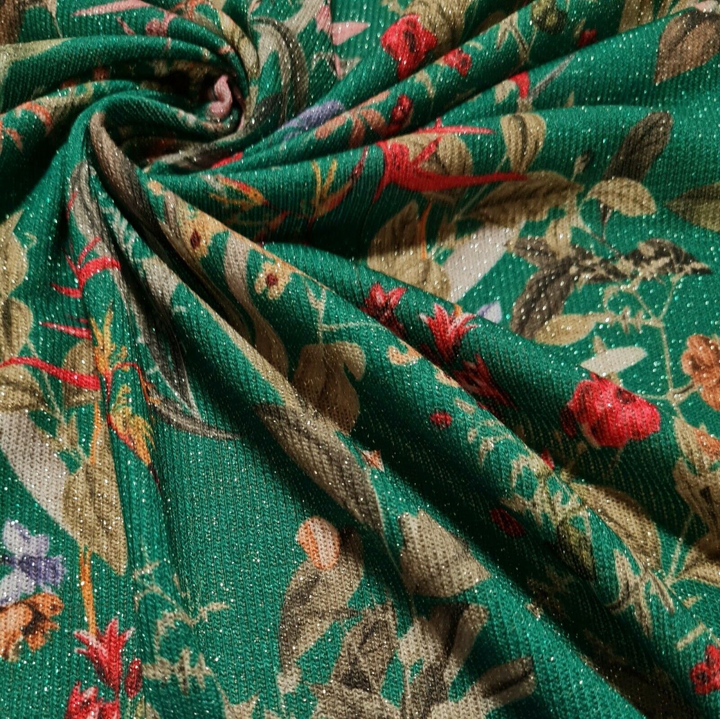 Knit Jersey Fabric Chintz Floral Printed Glittery Green Colour 4 Way Stretch