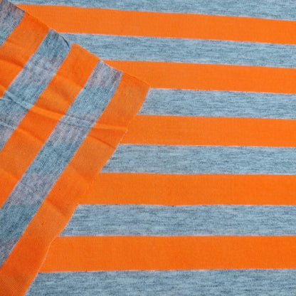 Knit Jersey Fabric Neon Orange And Gey Melange Striped 2 Way Stretch 55" Wide