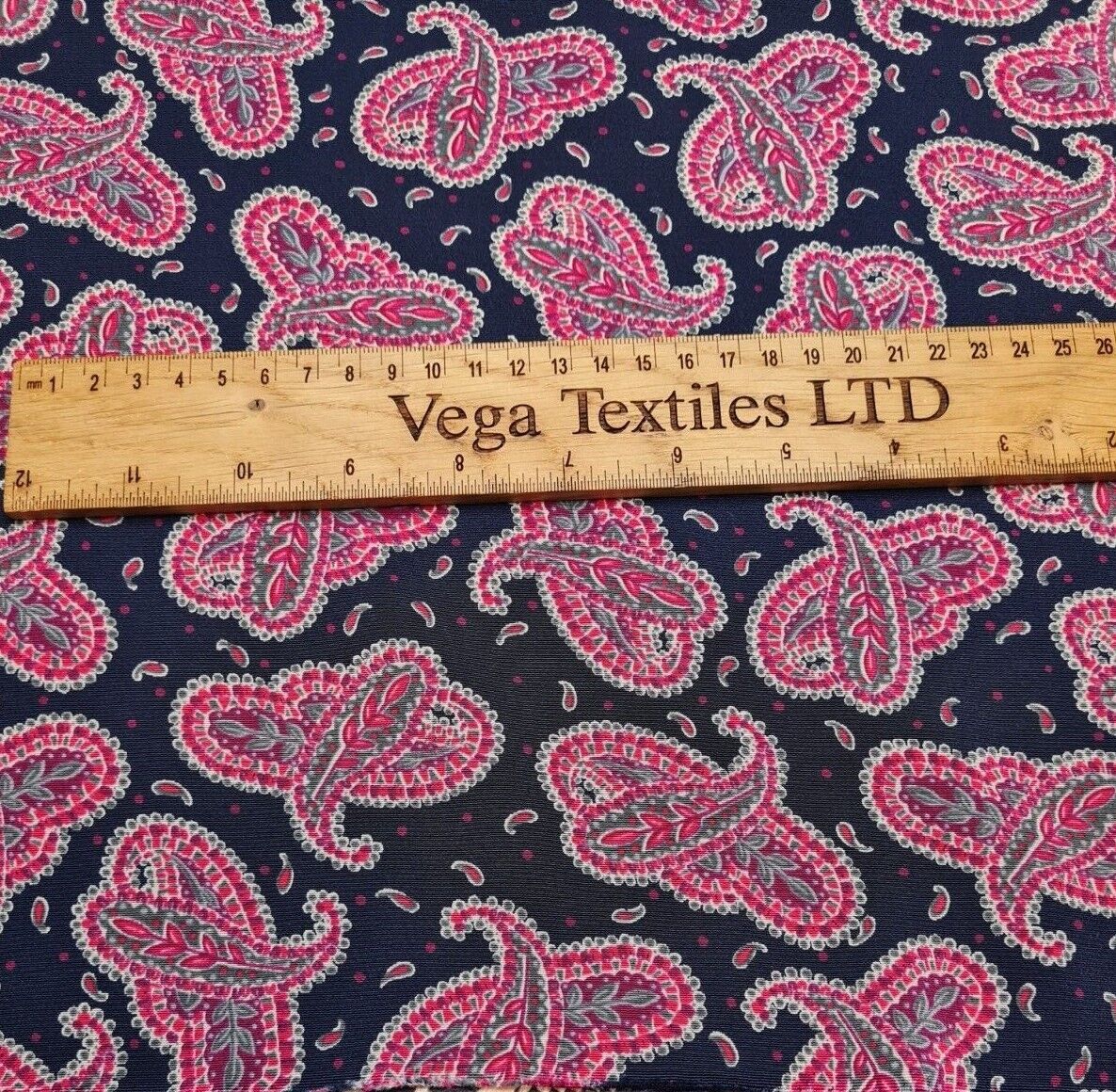 Silky Crepe Fabric Pink Paisley Printed Navy Colour Drapey 55" Wide