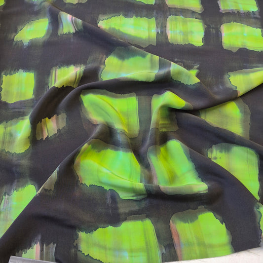 Pure Silk Crepe Fabric Green And Black  Abstract Printed 51" wide