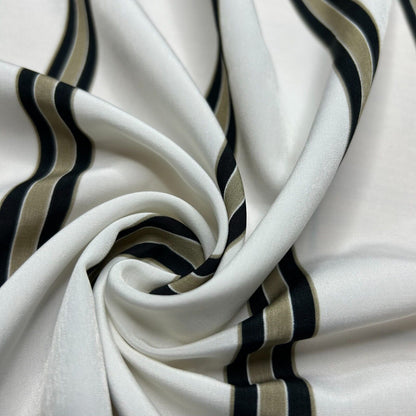 Silky Crepe Fabric Black Khaki Striped Off White Colour 55" Wide Sold By Metre