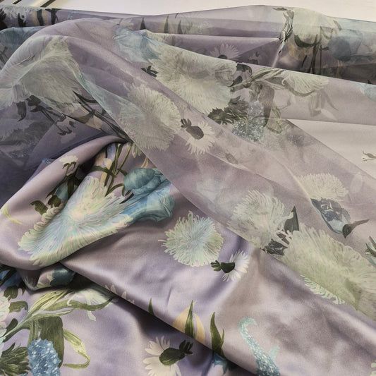 Pure Silk Organza And Satin  Fabric Floral Printed 51" Wide Sold By Metre