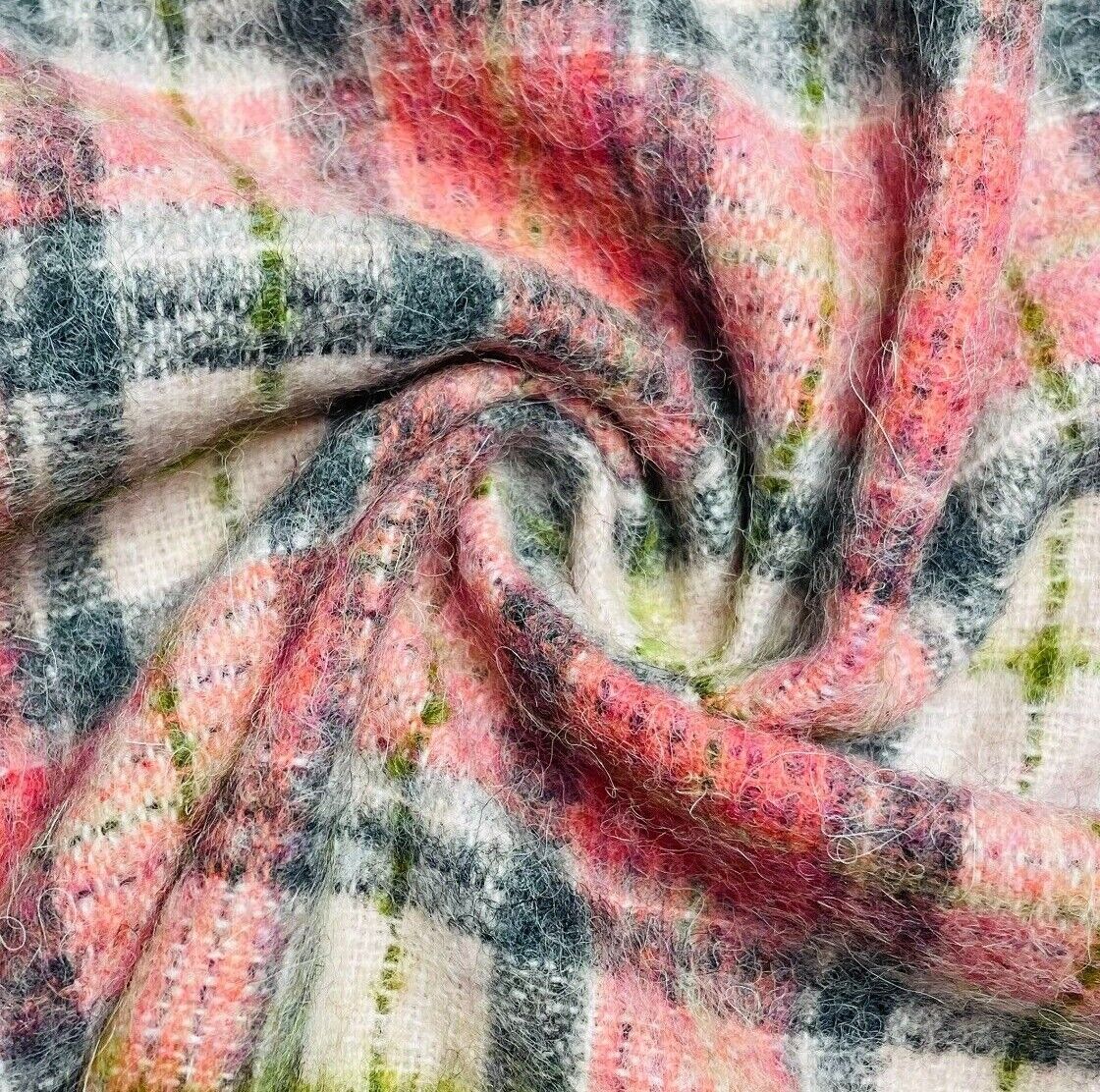 Check Tartan Wool Blend Italian Fabric Grey Pink And Green 55" Wide