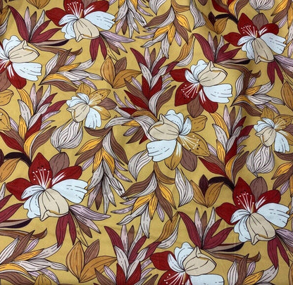 Woven Dressmaking Fabric Brick Brown Cream Mustard Floral 4 Way Stretch