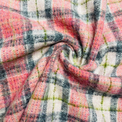 Check Tartan Wool Blend Italian Fabric Grey Pink And Green 55" Wide