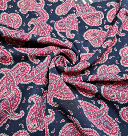 Silky Crepe Fabric Pink Paisley Printed Navy Colour Drapey 55" Wide