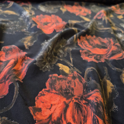 Pure Silk Crepe Fabric Red Floral Printed Black Colour 51" Wide