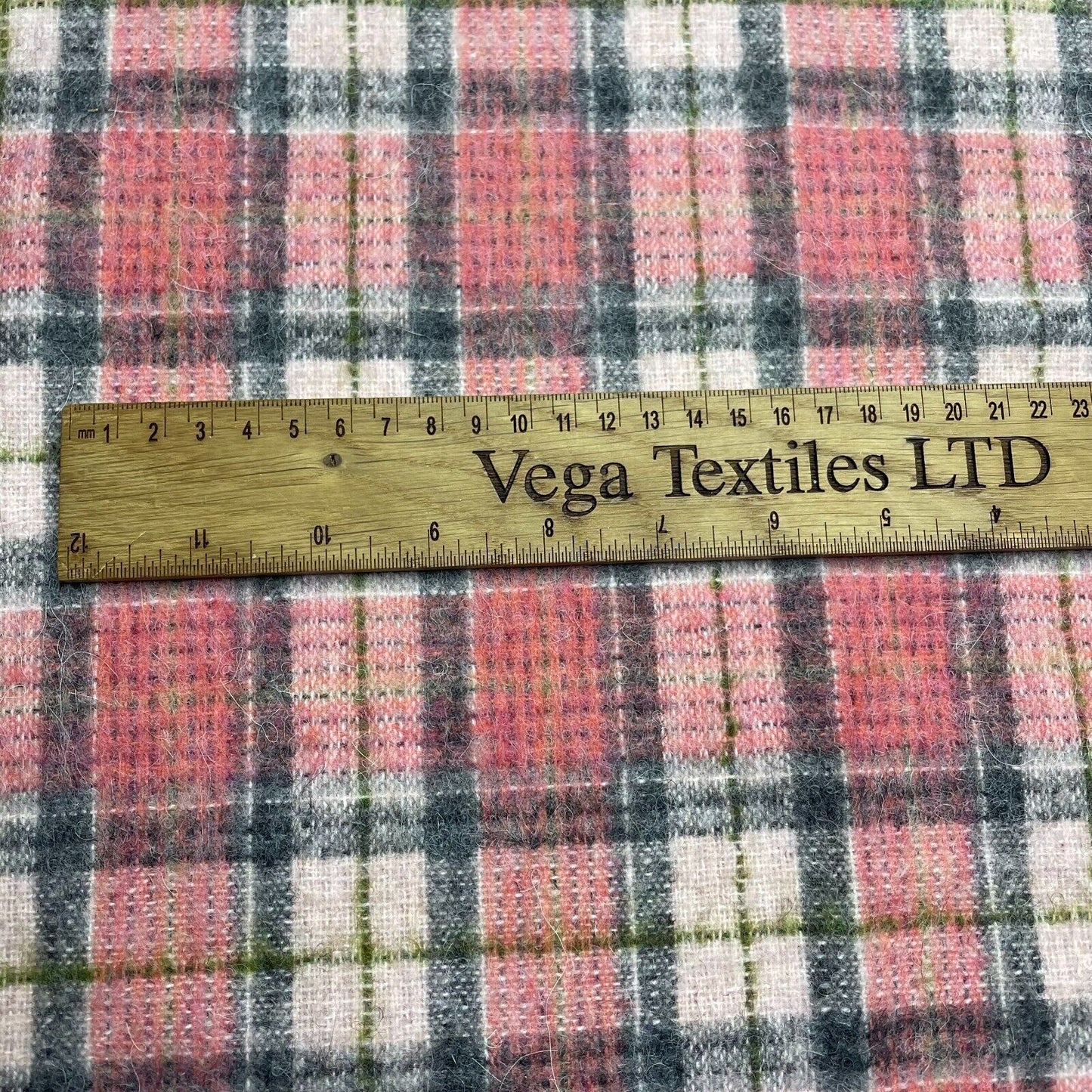 Check Tartan Wool Blend Italian Fabric Grey Pink And Green 55" Wide