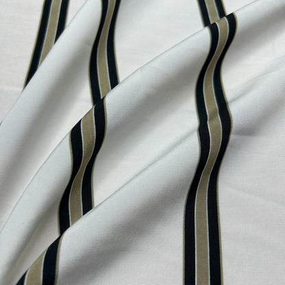 Silky Crepe Fabric Black Khaki Striped Off White Colour 55" Wide Sold By Metre