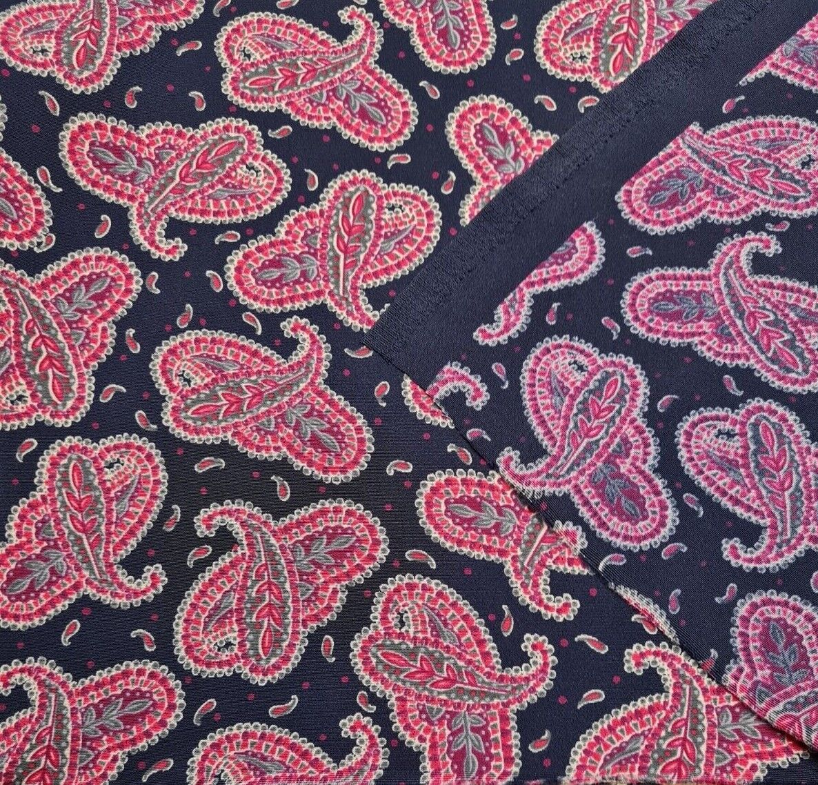 Silky Crepe Fabric Pink Paisley Printed Navy Colour Drapey 55" Wide