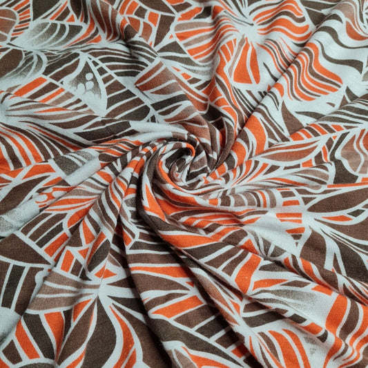 Viscose Jersey Fabric Orange And Brown Floral Printed 4 Way Stretch 55" Wide