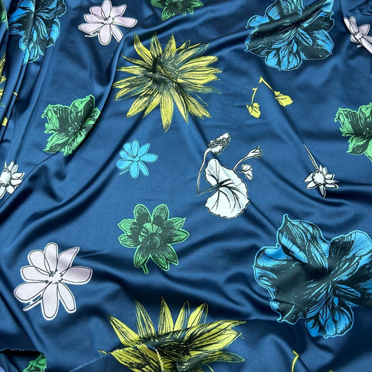 Satin Fabric Folral Printed Petrol colour 55" Wide Sold By Metre