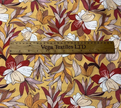 Woven Dressmaking Fabric Brick Brown Cream Mustard Floral 4 Way Stretch