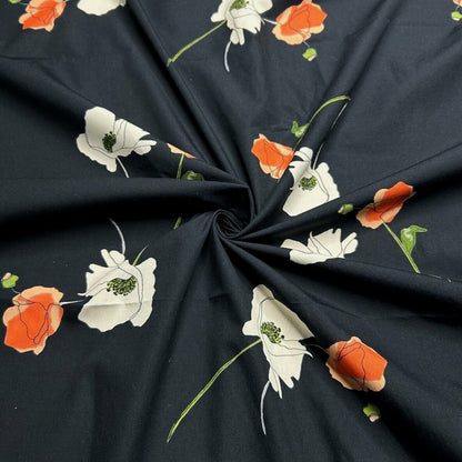 Cotton Popline Fabric Floral Printed Black Colour 55" Wide