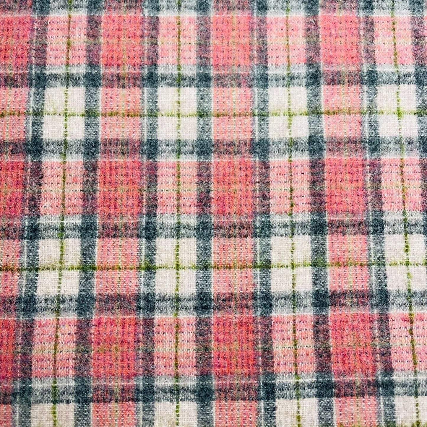 Check Tartan Wool Blend Italian Fabric Grey Pink And Green 55" Wide