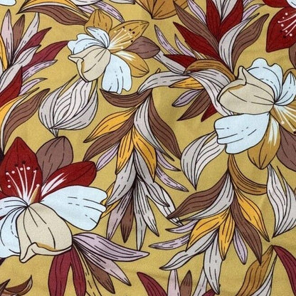 Woven Dressmaking Fabric Brick Brown Cream Mustard Floral 4 Way Stretch