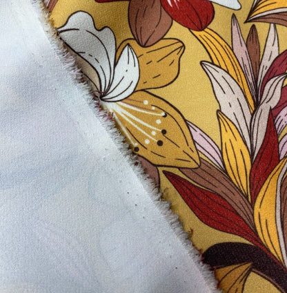 Woven Dressmaking Fabric Brick Brown Cream Mustard Floral 4 Way Stretch