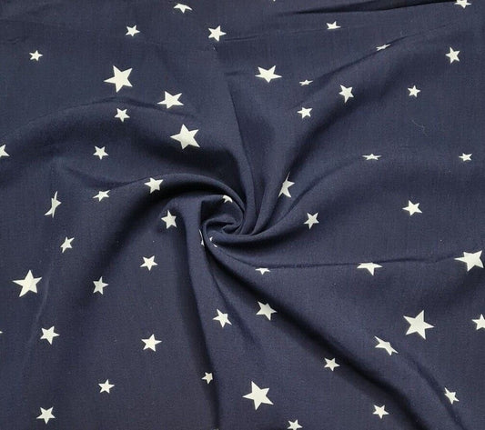 Viscose Fabric White Stars Printed Navy Colour 55" Wide Sold by the Metre