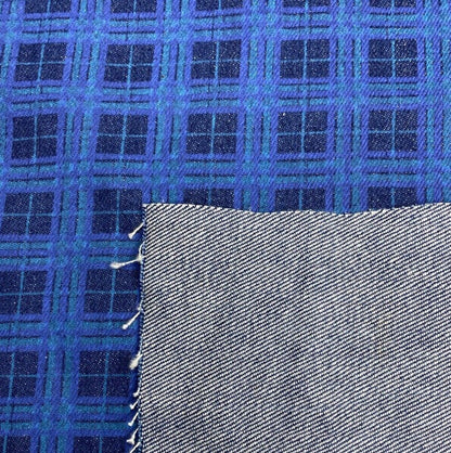 Cotton Denim Fabric Blue Brown Checked Printed 55" Wide 500 gsm