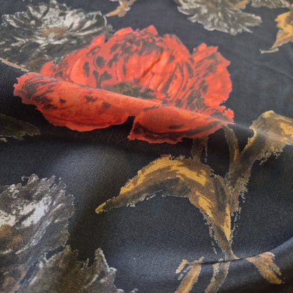 Pure Silk Crepe Fabric Red Floral Printed Black Colour 51" Wide