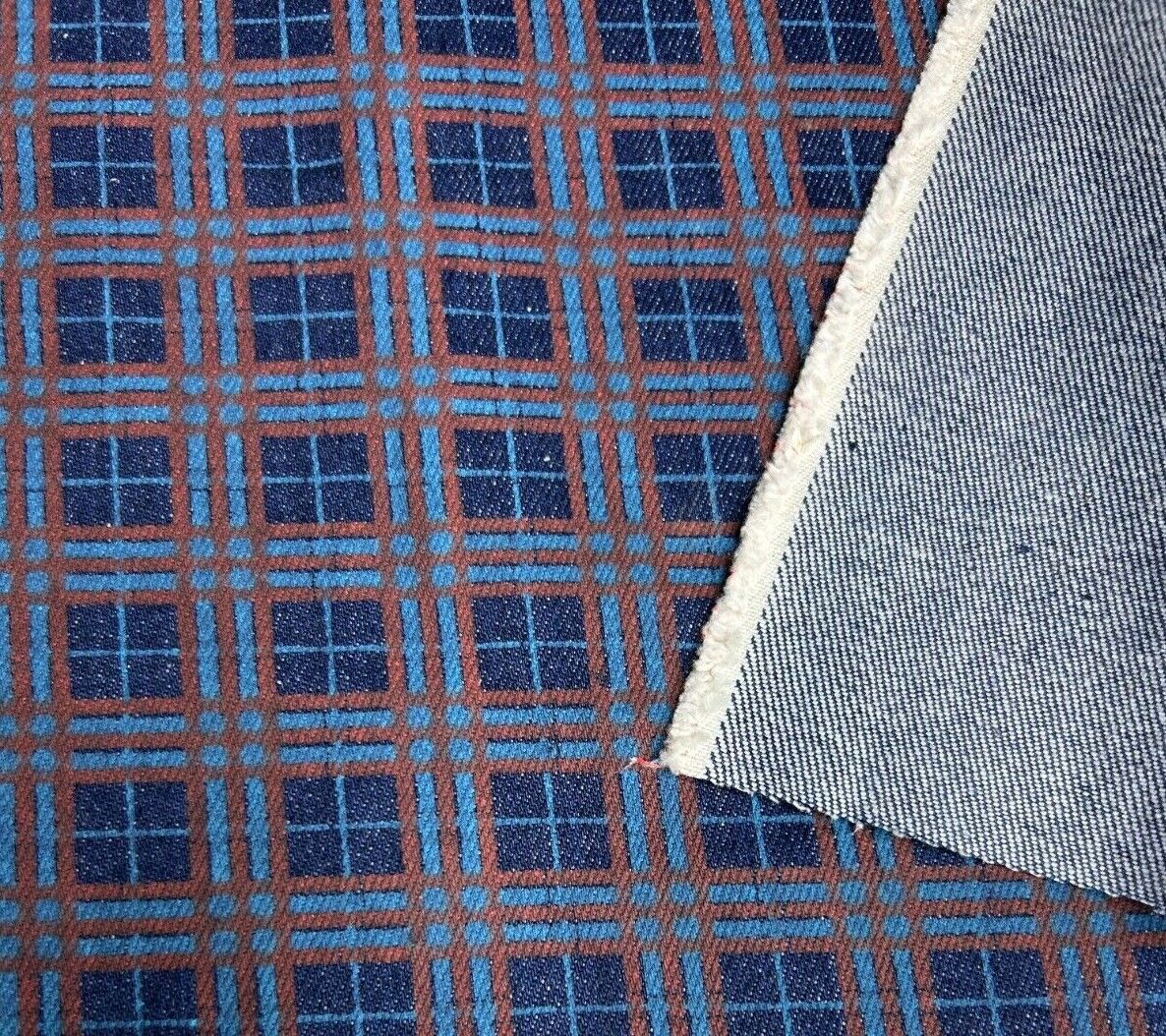 Cotton Denim Fabric Blue Brown Checked Printed 55" Wide 500 gsm