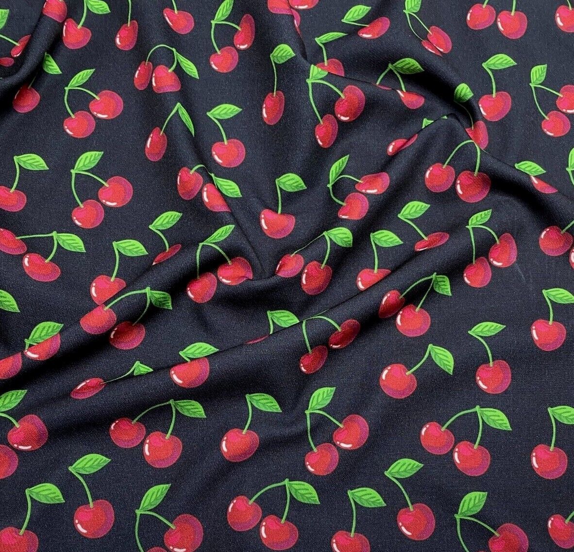 Woven Dressmaking Fabric Cherry Printed Black Colour 4 Way Stretch 55" Wide