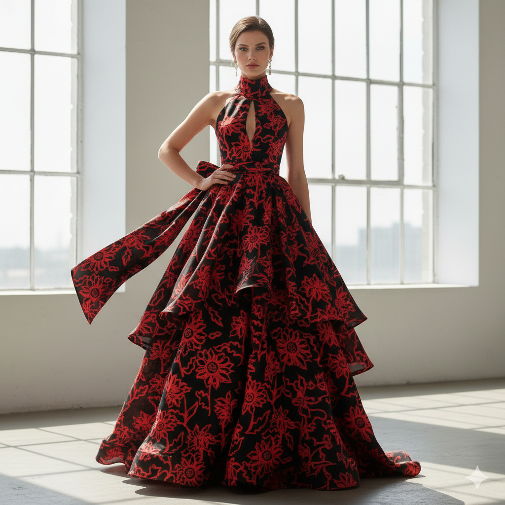 Pure Silk Twill Fabric Red And Black Floral Printed 55" Wide