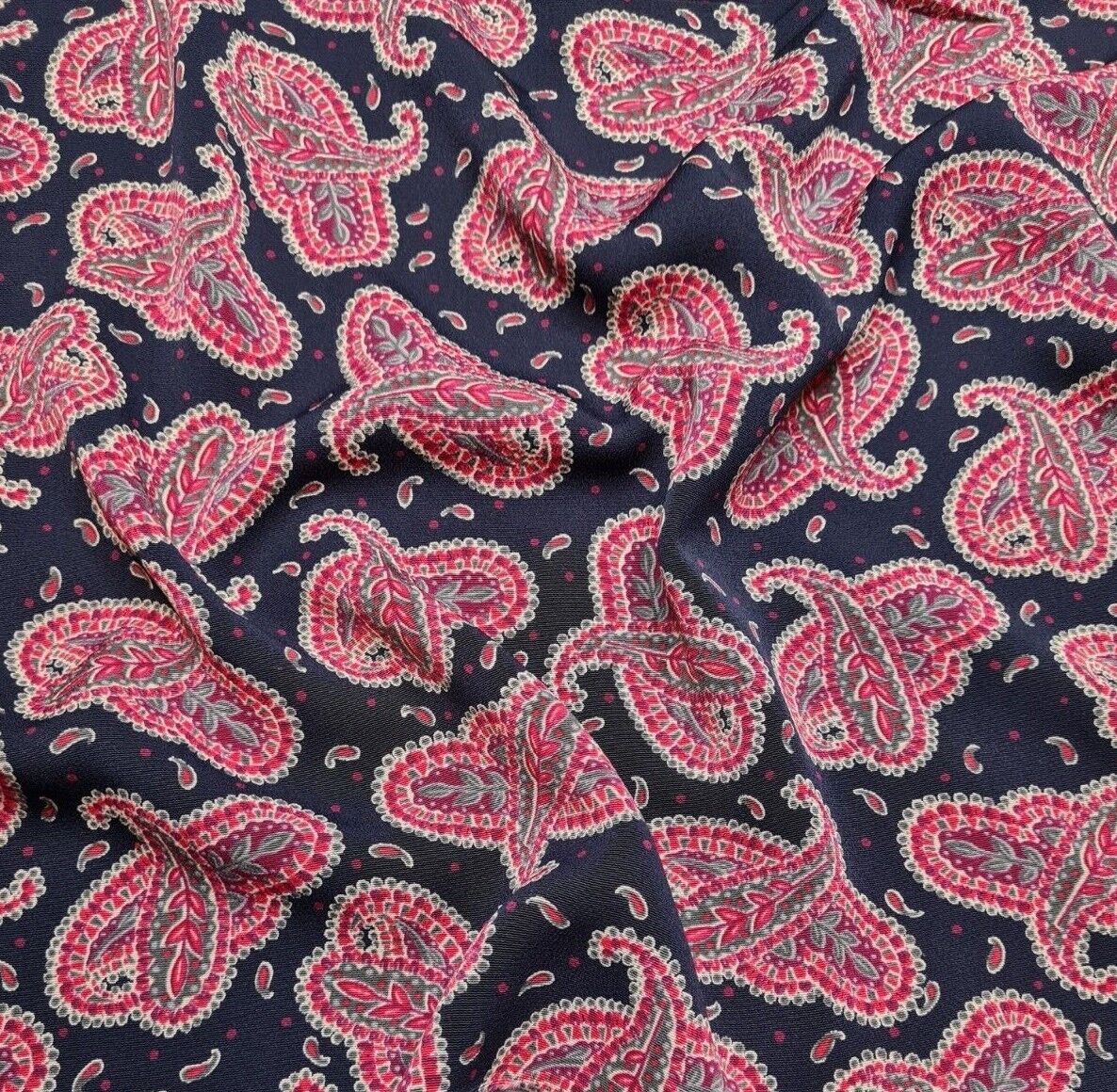 Silky Crepe Fabric Pink Paisley Printed Navy Colour Drapey 55" Wide