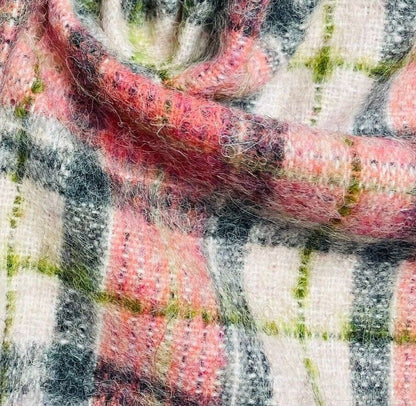 Check Tartan Wool Blend Italian Fabric Grey Pink And Green 55" Wide