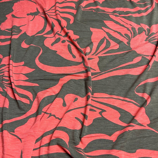 Viscose Jersey Fabric Coral And Brown Floral Printed 4 Way Stretch 55" Wide