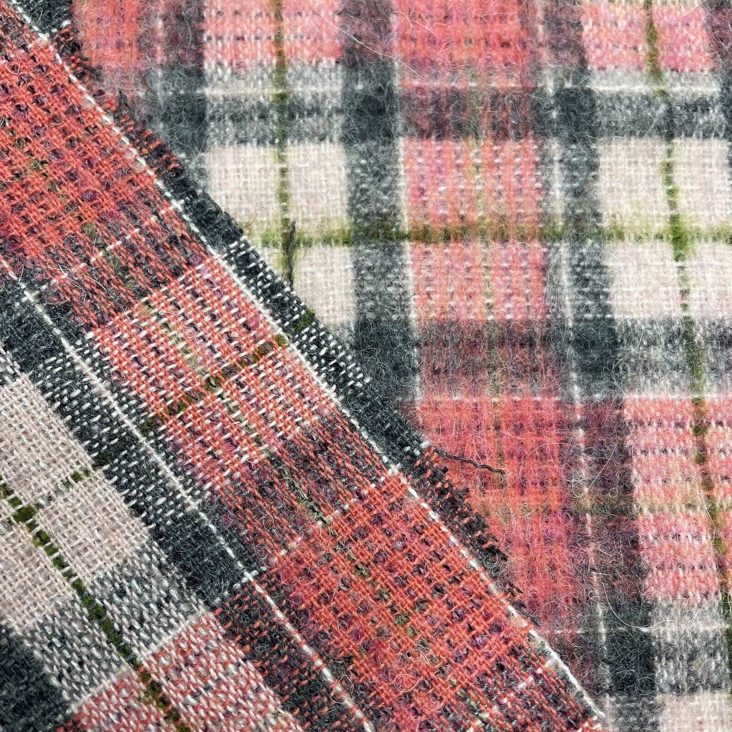 Check Tartan Wool Blend Italian Fabric Grey Pink And Green 55" Wide