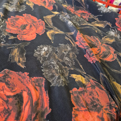 Pure Silk Crepe Fabric Red Floral Printed Black Colour 51" Wide