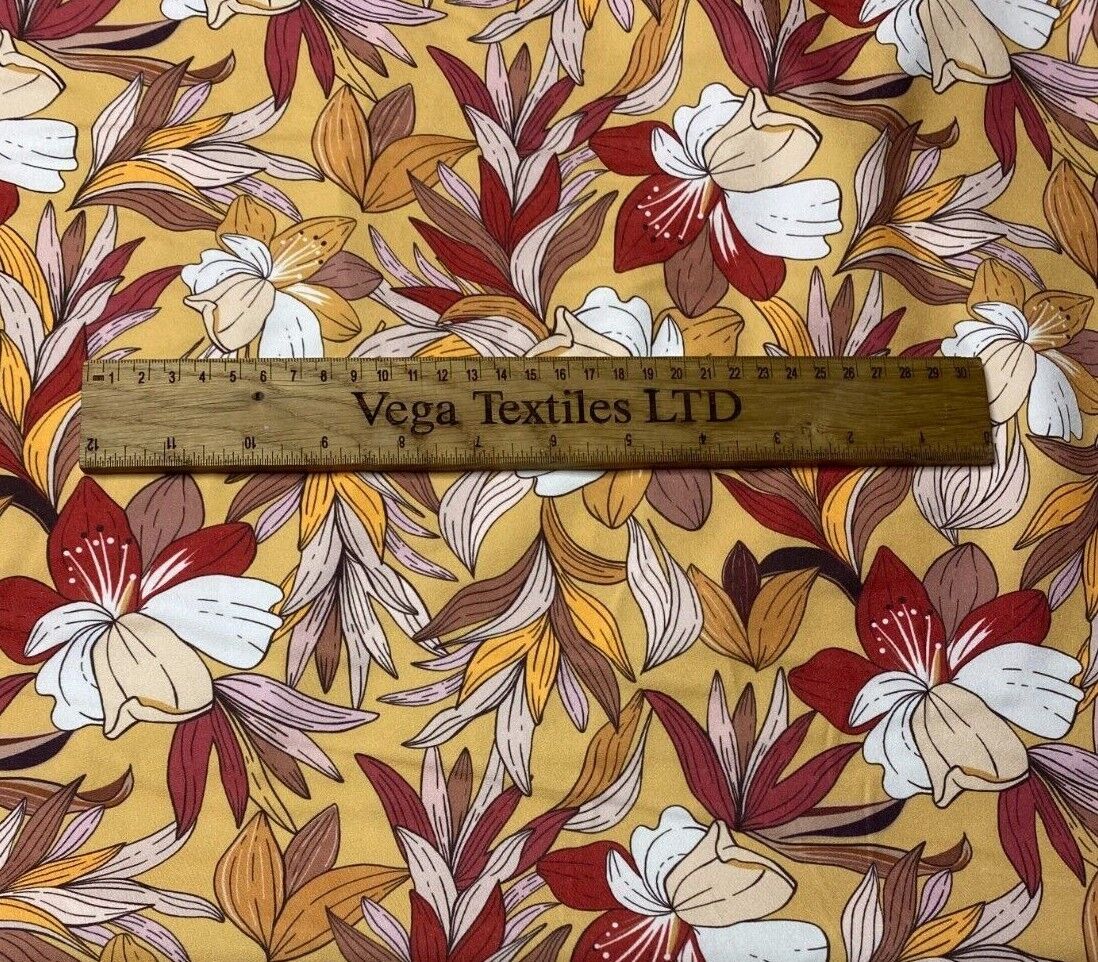 Woven Dressmaking Fabric Brick Brown Cream Mustard Floral 4 Way Stretch