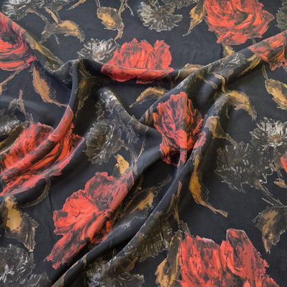 Pure Silk Crepe Fabric Red Floral Printed Black Colour 51" Wide