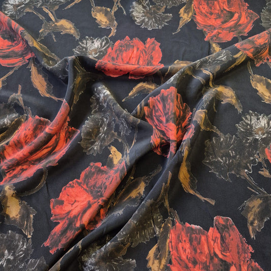 Pure Silk Crepe Fabric Red Floral Printed Black Colour 51" Wide