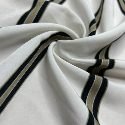 Silky Crepe Fabric Black Khaki Striped Off White Colour 55" Wide Sold By Metre