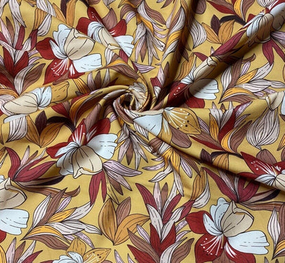 Woven Dressmaking Fabric Brick Brown Cream Mustard Floral 4 Way Stretch