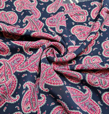 Silky Crepe Fabric Pink Paisley Printed Navy Colour Drapey 55" Wide