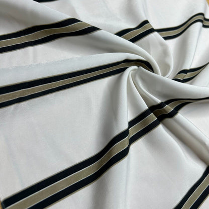 Silky Crepe Fabric Black Khaki Striped Off White Colour 55" Wide Sold By Metre