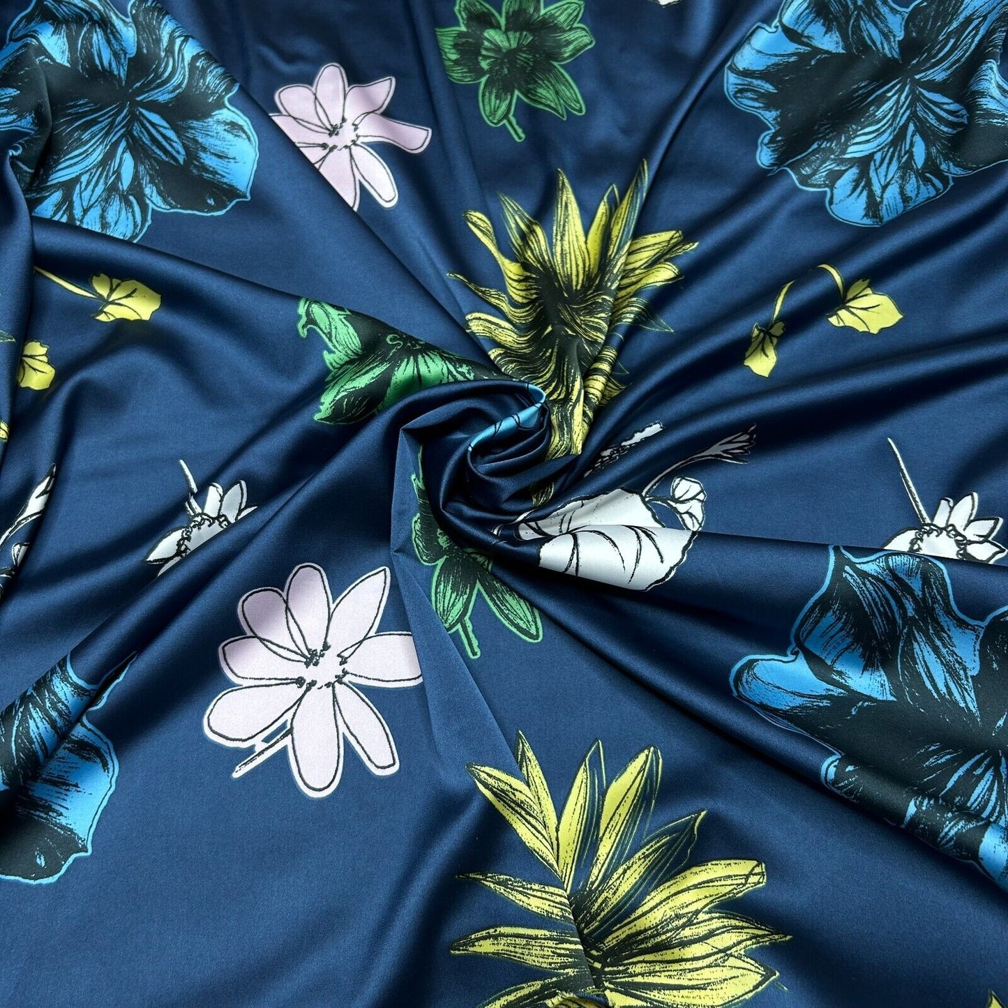 Satin Fabric Folral Printed Petrol colour 55" Wide Sold By Metre