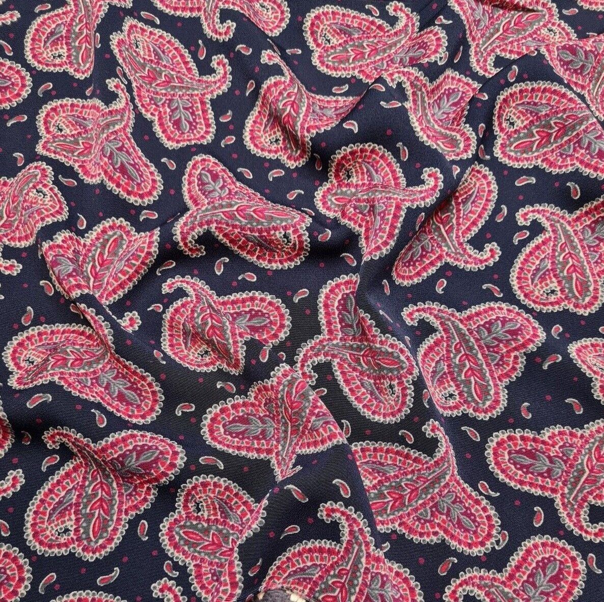 Silky Crepe Fabric Pink Paisley Printed Navy Colour Drapey 55" Wide