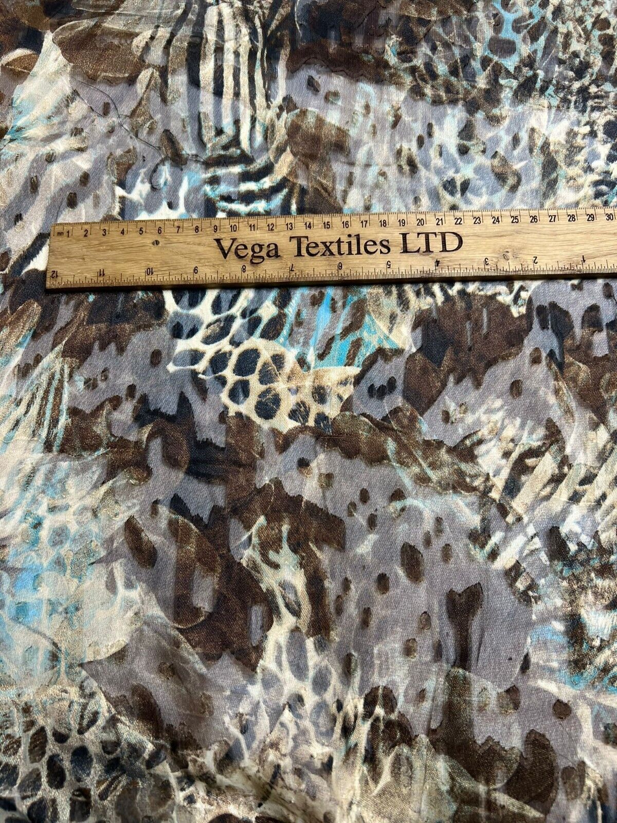 Printed Chiffon Fabric Brown Turquoise And Ivory Coloured 55"