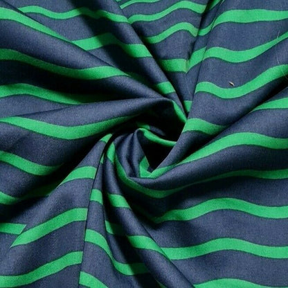Cotton Sateen Fabric Green And Navy Colored Wavy Striped Printed Sold By Metre
