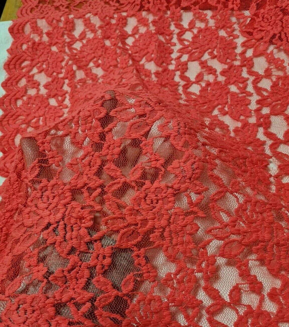 STRETCH LACE FABRIC MELON COLOUR FLORAL-SOLD BY THE METRE